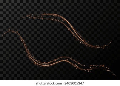 Festive decoration in the form of luminous flying wind surrounded by light dust and golden speed lines. Light effect for ceremonies, awards, prizes, motivations, invitations, banners, cards, videos.