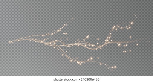 Festive decoration in the form of luminous flying wind surrounded by light dust and golden speed lines. Light effect for ceremonies, awards, prizes, motivations, invitations, banners, cards, videos.