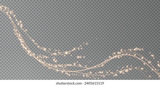 Festive decoration in the form of luminous flying wind surrounded by light dust and golden speed lines. Light effect for ceremonies, awards, prizes, motivations, invitations, banners, cards, videos.