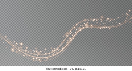 Festive decoration in the form of luminous flying wind surrounded by light dust and golden speed lines. Light effect for ceremonies, awards, prizes, motivations, invitations, banners, cards, videos.