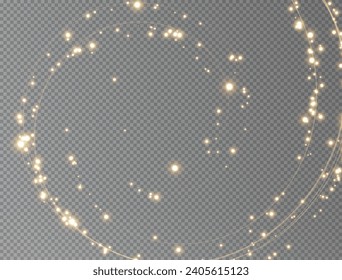 Festive decoration in the form of luminous flying wind surrounded by light dust and golden speed lines. Light effect for ceremonies, awards, prizes, motivations, invitations, banners, cards, videos.