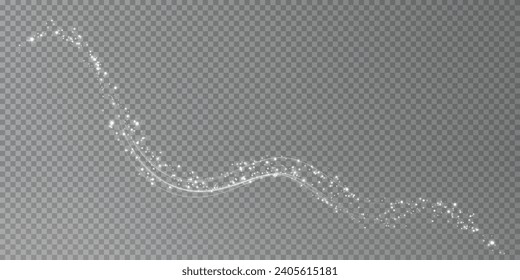 Festive decoration in the form of luminous flying wind surrounded by light dust and white speed lines. Light effect for ceremonies, awards, prizes, motivations, invitations, banners, cards, videos.