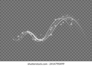 Festive decoration in the form of luminous flying wind surrounded by light dust and white speed lines. Light effect for ceremonies, awards, prizes, motivations, invitations, banners, cards, videos.