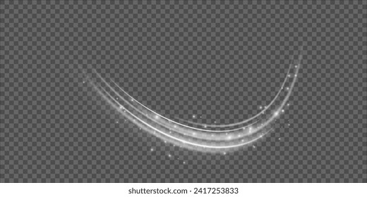 Festive decoration in the form of luminous flying wind surrounded by light dust and white speed lines. Light effect for ceremonies, awards, prizes, motivations, invitations, banners, cards, videos.