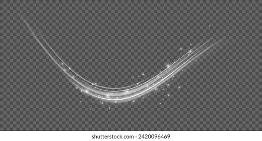 Festive decoration in the form of luminous flying wind surrounded by light dust and white speed lines. Light effect for ceremonies, awards, prizes, motivations, invitations, banners, cards, videos.