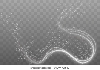 Festive decoration in the form of luminous flying wind surrounded by light dust and white speed lines. Light effect for ceremonies, awards, prizes, motivations, invitations, banners, cards, videos.