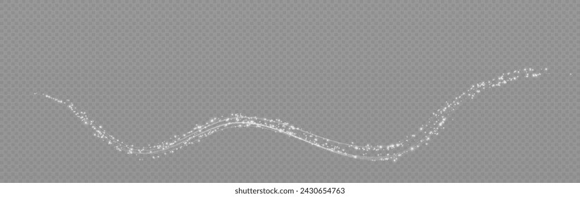 Festive decoration in the form of luminous flying wind surrounded by light dust and white speed lines. Light effect for ceremonies, awards, prizes, motivations, invitations, banners, cards, videos.