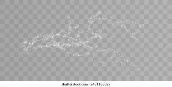 Festive decoration in the form of luminous flying wind surrounded by light dust and white speed lines. Light effect for ceremonies, awards, prizes, motivations, invitations, banners, cards, videos.