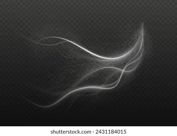 Festive decoration in the form of luminous flying wind surrounded by light dust and white speed lines. Light effect for ceremonies, awards, prizes, motivations, invitations, banners, cards, videos.