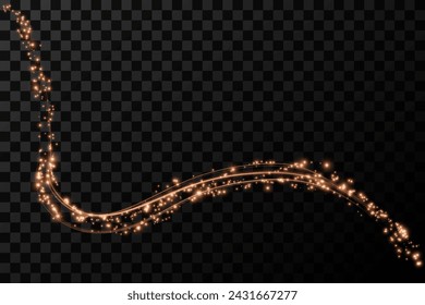 Festive decoration in the form of luminous flying wind surrounded by light dust and golden lines. Light effect for ceremonies, awards, prizes, motivations, invitations, banners, cards, videos.