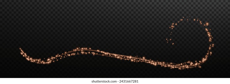 Festive decoration in the form of luminous flying wind surrounded by light dust and golden lines. Light effect for ceremonies, awards, prizes, motivations, invitations, banners, cards, videos.