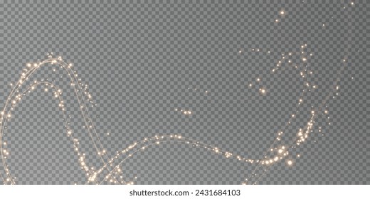 Festive decoration in the form of luminous flying wind surrounded by light dust and golden lines. Light effect for ceremonies, awards, prizes, motivations, invitations, banners, cards, videos.