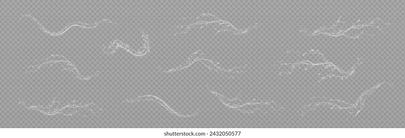 Festive decoration in the form of luminous flying wind surrounded by light dust and white speed lines. Light effect for ceremonies, awards, prizes, motivations, invitations, banners, cards, videos.