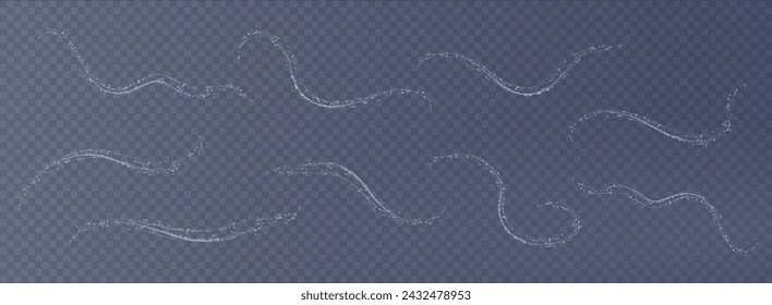 Festive decoration in the form of luminous flying wind surrounded by light dust and white speed lines. Light effect for ceremonies, awards, prizes, motivations, invitations, banners, cards, videos.