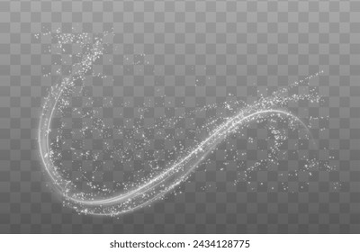 Festive decoration in the form of luminous flying wind surrounded by light dust and white speed lines. Light effect for ceremonies, awards, prizes, motivations, invitations, banners, cards, videos.