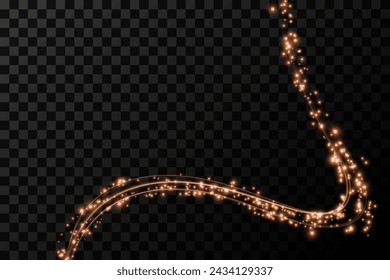 Festive decoration in the form of luminous flying wind surrounded by light dust and golden speed lines. Light effect for ceremonies, awards, prizes, motivations, invitations, banners, cards, videos.