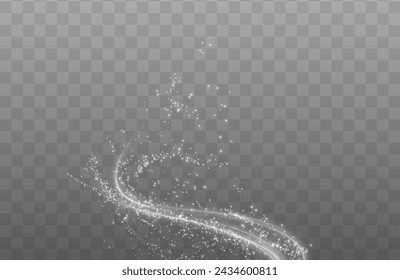 Festive decoration in the form of luminous flying wind surrounded by light dust and white speed lines. Light effect for ceremonies, awards, prizes, motivations, invitations, banners, cards, videos.