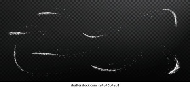 Festive decoration in the form of luminous flying wind surrounded by light dust and white speed lines. Light effect for ceremonies, awards, prizes, motivations, invitations, banners, cards, videos.