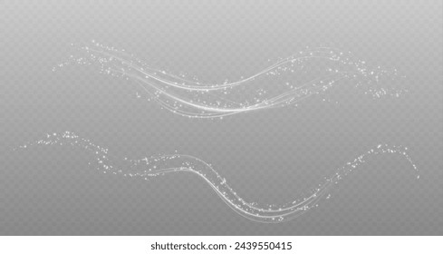 Festive decoration in the form of luminous flying wind surrounded by light dust and white speed lines. Light effect for ceremonies, awards, prizes, motivations, invitations, banners, cards, videos.