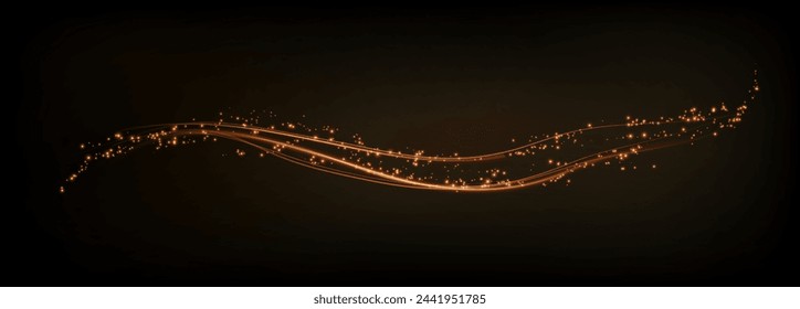 Festive decoration in the form of luminous flying wind surrounded by light dust and golden lines. Light effect for ceremonies, awards, prizes, motivations, invitations, banners, cards, videos.

