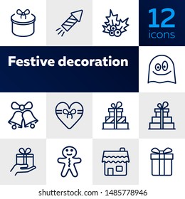 Festive decoration line icon set. Set of line icons on white background. Festive concept. Bells, gingerbread, present. Vector illustration can be used for topics like Christmas, new year, decoration