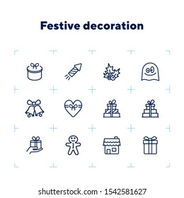Festive decoration line icon set. Set of line icons on white background. Festive concept. Bells, gingerbread, present. Vector illustration can be used for topics like Christmas, new year, decoration
