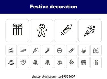 Festive decoration line icon set. Set of line icons on white background. Festive concept. Bells, gingerbread, present. Vector illustration can be used for topics like Christmas, new year, decoration