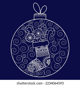 A festive decoration made of patterns and a Christmas sock with sweets inside a Christmas ball. Merry Christmas and Happy New Year 2023. Vector illustration