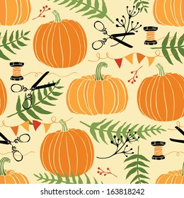 Festive decoration, pumpkins and ferns