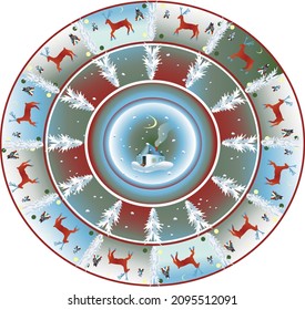 Festive decoration for the table service. Ceramic dish with a winter pattern.