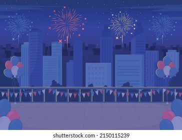 Festive decoration in town for Independence day flat color vector illustration. Patriotism and national achievement. July fourth celebration 2D simple cartoon cityscape with fireworks on background