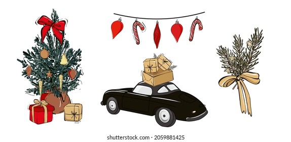 Festive decoration Xmas tree with gifts and presents, candy, Christmas car decoration, holiday season pine tree wreath arrangement icons in vector