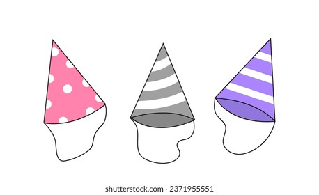 Festive decorations caps line. Colorful hats for party. Holiday and festival, birthday. Stickers for social networks. Linear flat vector illustration isolated on white background