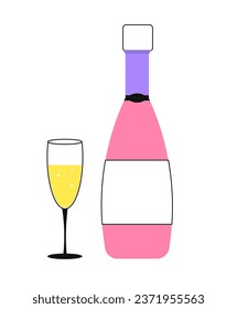 Festive decorations champagne line. Bottle and glass with alcoholic beverage and drink. Holiday and festival, birthday. Linear flat vector illustration isolated on white background