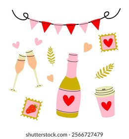 Festive decorations featuring drinks and love-themed elements for a cheerful celebration