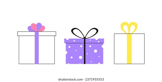 Festive decorations presents line. Colorful gift boxes with bows. Holiday and festival, birthday. Template, layout and mock up. Linear flat vector illustration isolated on white background