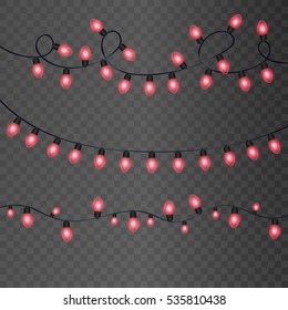 festive decorations, set of red garlands.
Glowing christmas lights isolated on transparent background. Vector 10_eps