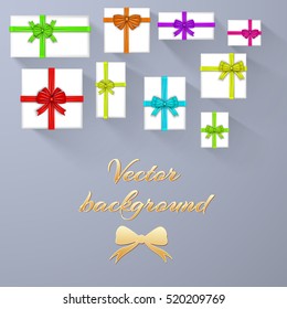 Festive decorative background with gift cards and colorful satin ribbon bows vector illustration