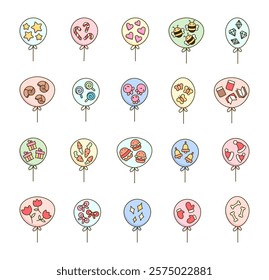 Festive decorative balloon set featuring unique outline illustrations of hearts, stars, lollipops, jellyfish, butterflies snails, gifts, books, and other charming celebration elements.