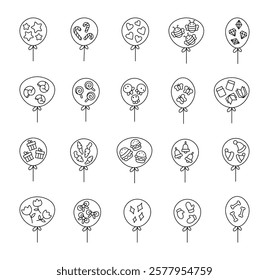 Festive decorative balloon set featuring unique outline illustrations of hearts, stars, lollipops, jellyfish, butterflies snails, gifts, books, and other charming celebration elements.