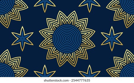 Fundo azul decorativo festivo, design de capa tribal, banner. Padrão 3D de ouro geométrico, em relevo. Enfeites antigos, arabescos, mandala do Oriente, Ásia, Índia, México, Asteca. Impressão étnica.