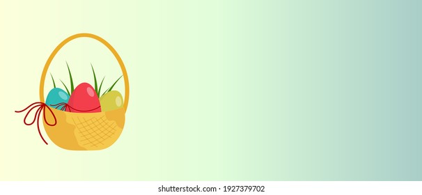 Festive decorative board with a basket of Easter eggs. Colorful soft green background with place for text. Vector. EPS 10.