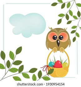 Festive decorative card with birch branches, air clouds and an owl sitting on a basket of Easter eggs. Vector illustration with place for text.
