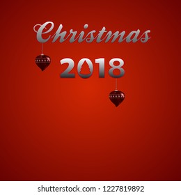 Festive Decorative Christmas 2018 Metallic Text with Fluorescent Red Edges and Christmas Heart Shaped Baubles Over Red Background