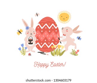 Festive decorative composition with pair of adorable lovely bunnies or rabbits decorating giant egg and Happy Easter wish. Flat cartoon vector illustration for spring religious holiday celebration.