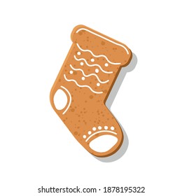 Festive decorative cookie in the form of Christmas sock, vector gingerbread with icing.