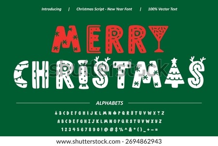Festive decorative display font vector text design, editable alphabet for Christmas typography, logotype, and greeting illustrations. High-quality EPS file, scalable and ready for commercial use.