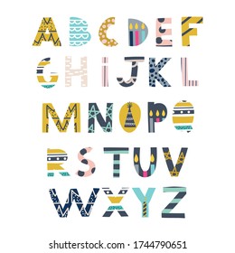 Festive decorative English alphabet. Space, cute Kids font. Ideal for education, home decor. Vector Illustration  