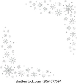 Marco decorativo festivo hecho de copos de nieve plateados sobre un fondo blanco. Para afiches, postales, saludos para Navidad, Año Nuevo. Ilustración del vector