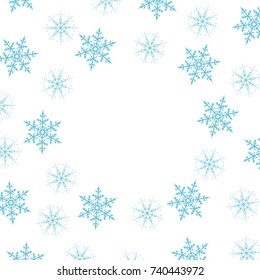 Festive decorative frame made of snowflakes on a white background. For posters, postcards, greeting for Christmas, new year. Vector illustration.